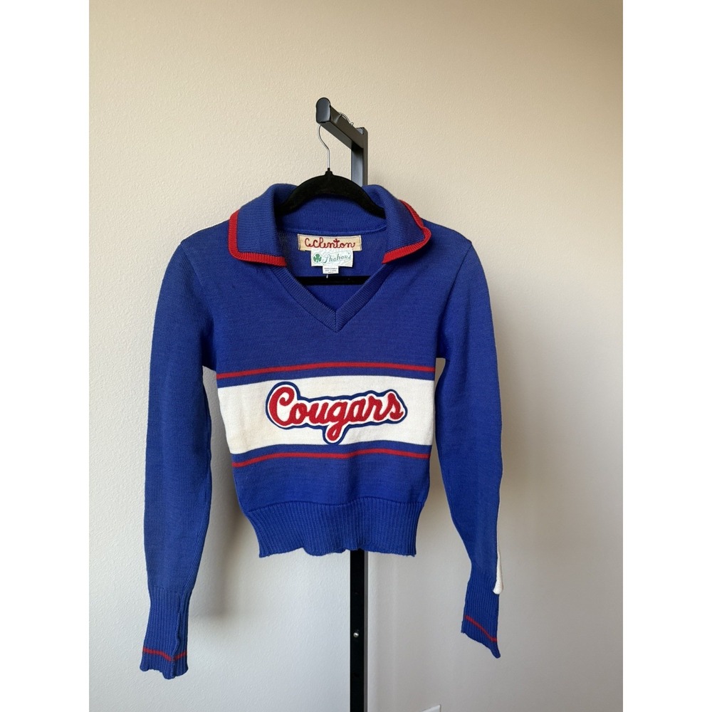 Vintage Cougars Cheerleader Sweater Blue White V-Neck Knit C Clifton SZ XS/S 60s